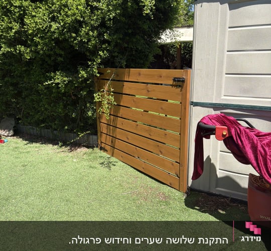שער עץ בגינה עם צמחייה מסביב